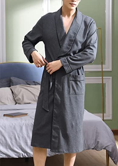 XIXIDIAN Men's Cotton Robe Lightweight, Soft Kimono Knee Length Bathrobes for Spa and House (Color : Gray, Size : 2X-Large)