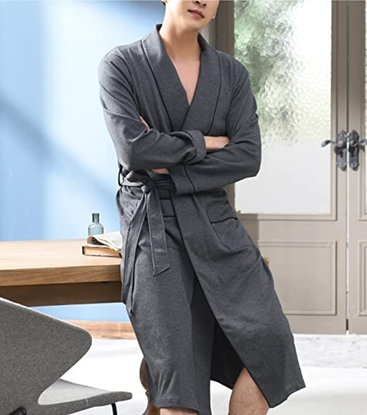 XIXIDIAN Men's Cotton Robe Lightweight, Soft Kimono Knee Length Bathrobes for Spa and House (Color : Gray, Size : 2X-Large)
