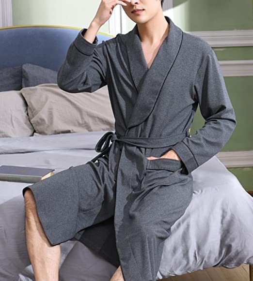 XIXIDIAN Men's Cotton Robe Lightweight, Soft Kimono Knee Length Bathrobes for Spa and House (Color : Gray, Size : 2X-Large)