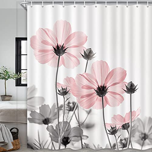 MERCHR Unique Floral Pink Shower Curtain for Bathroom Decor, Pink and Grey Daisy Flower Elegant Wildflower Design Farmhouse Shower Curtains with Hooks Set, 71 X 84 Inches