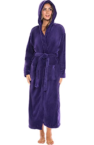Alexander Del Rossa Women’s Robe, Plush Fleece Hooded Bathrobe with Two Large Front Pockets and Tie Closure, Purple, Small-Medium