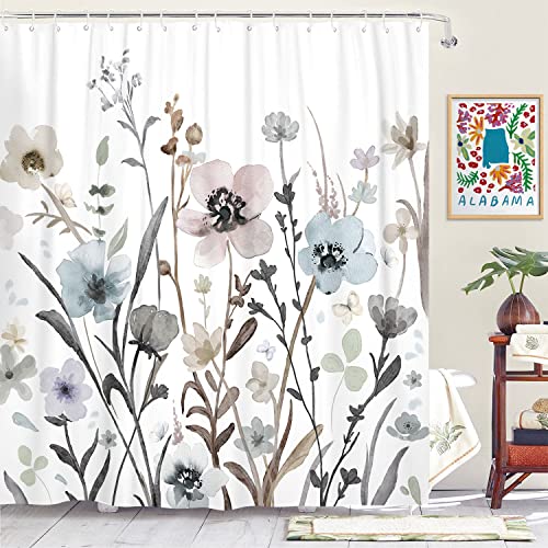 Rexful Shower Curtain Flowers, Boho Fabric Shower Curtains for Bathroom White Grey Pink Shower Curtain Sets Boho Curtain Waterproof with 12 Hooks 72 Inches