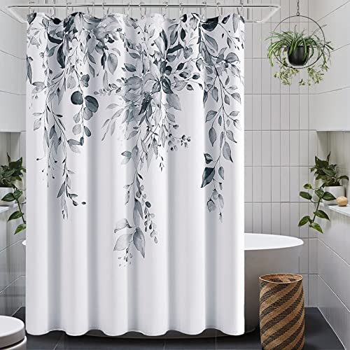 Grey Shower Curtain for Bathroom, Beautiful Modern Leaf and Floral Spring Botanical Shower Curtain, Garden Plants Classic Design, Water Repellent Fabric Shower Curtain Set with 12 Hooks 72x72 White