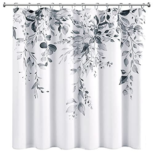 Modern Grey Floral Shower Curtain Set with Hooks