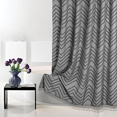 Gray Boho Shower Curtain Tassel Woven Fabric Shower Curtain 72' x 72' Modern Farmhouse Textured Tufted Chevron Striped Minimalist Bathroom Shower Curtain Set with Hooks