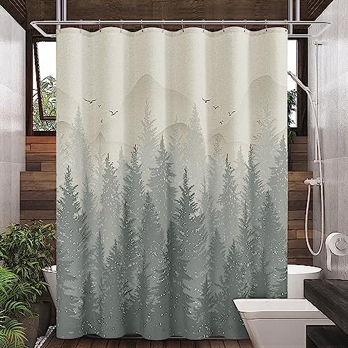SMABU Grey Linen Mountain Shower Curtain Rustic Cream Linen Fabric Shower Curtain with Hooks Grey and Beige Cloth Shower Curtain Gray Misty Forest Tree Nature Scene Shower Curtains for Bathroom, 72x72