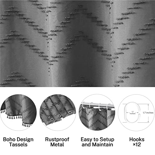 Gray Boho Tassel Shower Curtain with Hooks