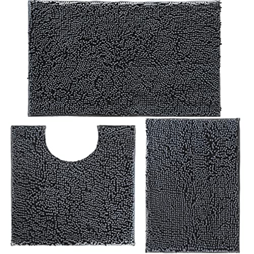 Bathroom Rugs Set Non Slip 3 Piece Bath Rugs Extra Soft Chenille Bathroom Mats Bath Mat Set,Absorbent Shaggy Rugs Perfect Plush Mats U-Shaped Toilet Rug,Bathroom Carpets for Bathroom, Tub, Shower