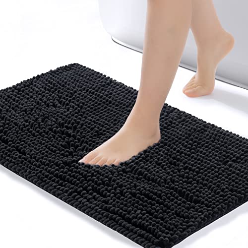 FRESHMINT Chenille Bathroom Rugs Non-Slip Bath Mat 24”x16.5“, Washable Soft Shower Mat, for Bathroom Floor & Tub Fluffy Shag Bath Rugs, Durable Thick Water Absorbent Microfiber Shower Rugs, Black
