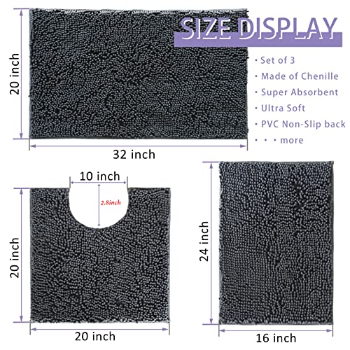 Bathroom Rugs Set Non Slip 3 Piece Bath Rugs Extra Soft Chenille Bathroom Mats Bath Mat Set,Absorbent Shaggy Rugs Perfect Plush Mats U-Shaped Toilet Rug,Bathroom Carpets for Bathroom, Tub, Shower