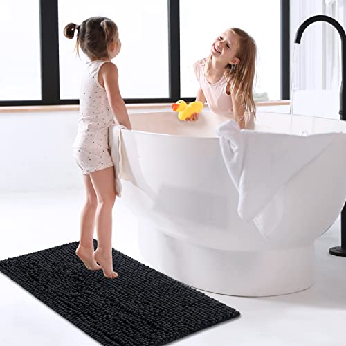 FRESHMINT Chenille Bathroom Rugs Non-Slip Bath Mat 24”x16.5“, Washable Soft Shower Mat, for Bathroom Floor & Tub Fluffy Shag Bath Rugs, Durable Thick Water Absorbent Microfiber Shower Rugs, Black