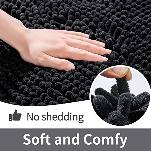 FRESHMINT Chenille Bathroom Rugs Non-Slip Bath Mat 24”x16.5“, Washable Soft Shower Mat, for Bathroom Floor & Tub Fluffy Shag Bath Rugs, Durable Thick Water Absorbent Microfiber Shower Rugs, Black