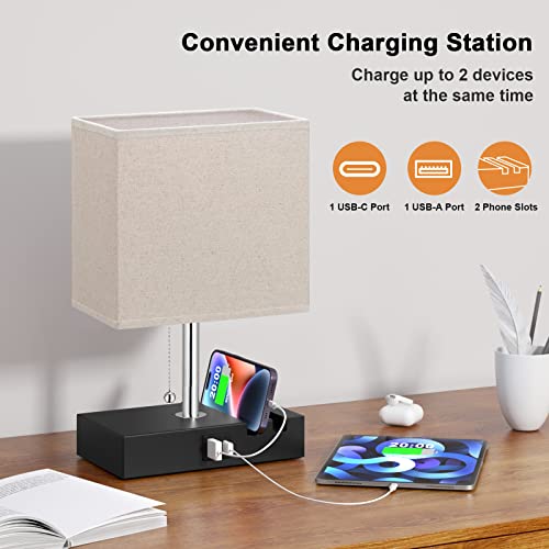 Kakanuo USB Table Lamp for Bedroom with 3-Color Temperatures Brightness, Dimmable Bedside Nightstand Lamp with USB-C, USB-A Charging Ports and Phone Slots, Desk Lamp for Office, LED Bulb Included