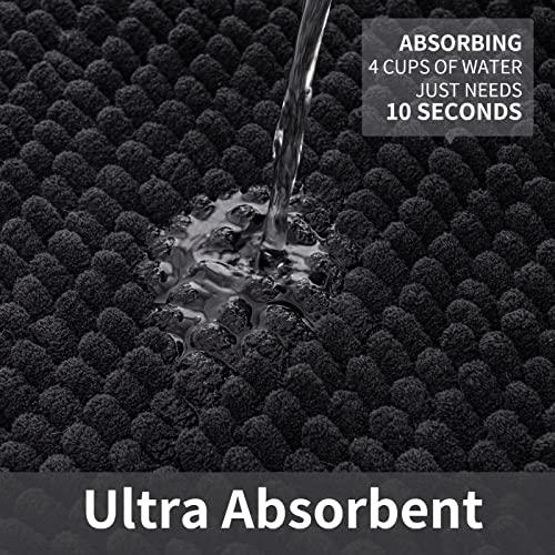 FRESHMINT Chenille Bathroom Rugs Non-Slip Bath Mat 24”x16.5“, Washable Soft Shower Mat, for Bathroom Floor & Tub Fluffy Shag Bath Rugs, Durable Thick Water Absorbent Microfiber Shower Rugs, Black