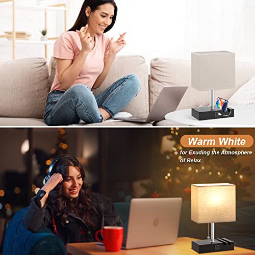 Kakanuo USB Table Lamp for Bedroom with 3-Color Temperatures Brightness, Dimmable Bedside Nightstand Lamp with USB-C, USB-A Charging Ports and Phone Slots, Desk Lamp for Office, LED Bulb Included