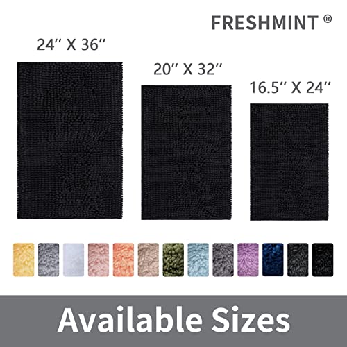 FRESHMINT Chenille Bathroom Rugs Non-Slip Bath Mat 24”x16.5“, Washable Soft Shower Mat, for Bathroom Floor & Tub Fluffy Shag Bath Rugs, Durable Thick Water Absorbent Microfiber Shower Rugs, Black