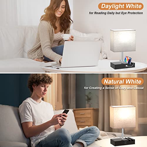 Kakanuo USB Table Lamp for Bedroom with 3-Color Temperatures Brightness, Dimmable Bedside Nightstand Lamp with USB-C, USB-A Charging Ports and Phone Slots, Desk Lamp for Office, LED Bulb Included