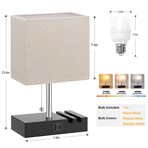 Kakanuo USB Table Lamp for Bedroom with 3-Color Temperatures Brightness, Dimmable Bedside Nightstand Lamp with USB-C, USB-A Charging Ports and Phone Slots, Desk Lamp for Office, LED Bulb Included