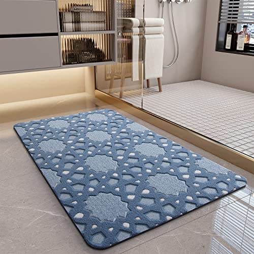tchdio Bath Mat Rug-Bathroom Rug Mat-3D Embossed Absorbent Machine Washable Comfortable Rubber Backed Non Slip Bath Mats Rugs for Bathroom-Blue 17”x27”