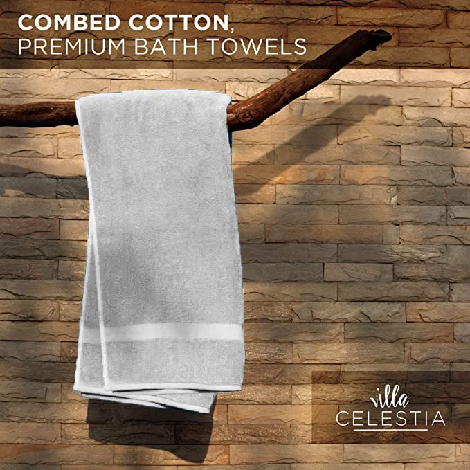 Villa Celestia 700 GSM Premium Light Grey Bath Towel 100% Cotton Silver Towels for Bathroom Soft Lt. Grey Body Bath Towels Set of 4 for Bathroom 27x54 Inc.