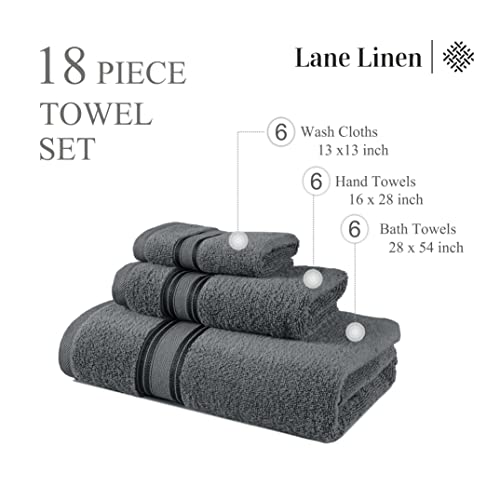 LANE LINEN Bath Towels for Bathroom Set- 100% Cotton Towel Set Soft 6 Hand Wash Cloths Quick Dry Highly Absorbent Shower - 18 Piece Space Grey