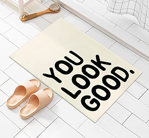 Lukinbox You Look Good Bath Mat with Non-Slip Backing, Beige Bath Rugs for Bathroom, Small Cute Funny Microfiber Washable Bathroom Rug Mat for Entryway Indoor Doormat Shower Tub, 18"x26"