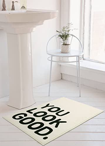 Lukinbox You Look Good Bath Mat with Non-Slip Backing, Beige Bath Rugs for Bathroom, Small Cute Funny Microfiber Washable Bathroom Rug Mat for Entryway Indoor Doormat Shower Tub, 18"x26"
