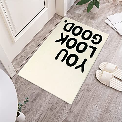 Lukinbox You Look Good Bath Mat with Non-Slip Backing, Beige Bath Rugs for Bathroom, Small Cute Funny Microfiber Washable Bathroom Rug Mat for Entryway Indoor Doormat Shower Tub, 18"x26"