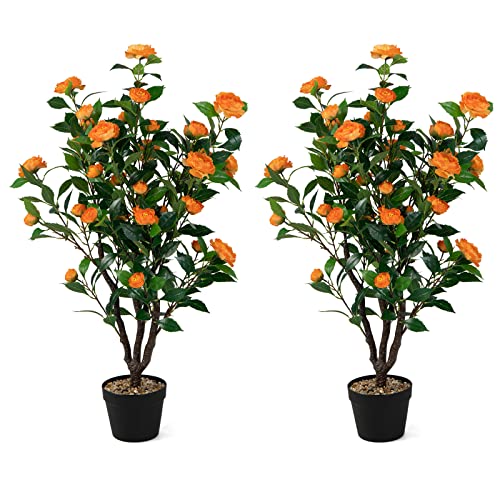 Goplus 40” Artificial Camellia Tree, 2 Pack Flower Plants Artificial Tree, Faux Floral Plant Blooming Tree in Cement Pot, Greenery Potted Plant for Indoor Outdoor Office Home Porch Decor