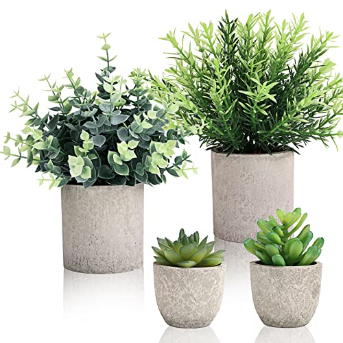 CEWOR 4 Pack Small Fake Plants Eucalyptus Rosemary Succulents Plants Artificial in Pots for Shelf Artificial Greenery Eucalyptus Plant Indoor for Home Bedroom Living Room Decoration