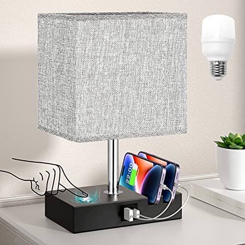 aooshine Touch Lamp with USB C+A Charging Ports-Table Lamp for Bedroom with 3 Levels Brightness(Low/Medium/Hight), 3 Way Dimmable Bedside Nightstand Lamp with 2 Phone Slots (Include Bulb)
