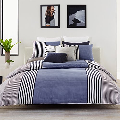 Lacoste Meribel 100% Cotton Bedding Set, Full/Queen, Navy & White Striped Design, Includes 2 Shams