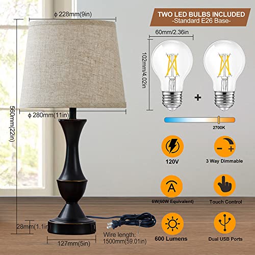Luvkczc Touch Lamps for Bedrooms Set of 2, Bedside Lamp with Dual USB Charging Ports, 3 Way Dimmable Nightstand Lamps with Premium Linen Fabric Lampshade for Bedroom, Living Room (Bulb Included)