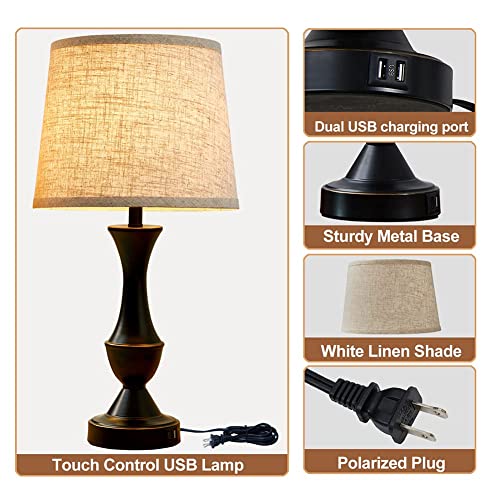 Luvkczc Touch Lamps for Bedrooms Set of 2, Bedside Lamp with Dual USB Charging Ports, 3 Way Dimmable Nightstand Lamps with Premium Linen Fabric Lampshade for Bedroom, Living Room (Bulb Included)