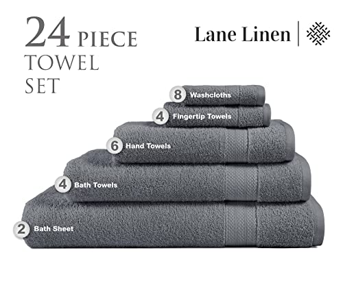 LANE LINEN 24 Piece Towels for Bathroom - 100% Cotton Oversized Bath Quick Dry Spa 2 Extra Large Sheet 4 Towel 6 Hand 8 Wash Cloths Fingertip Cool Grey