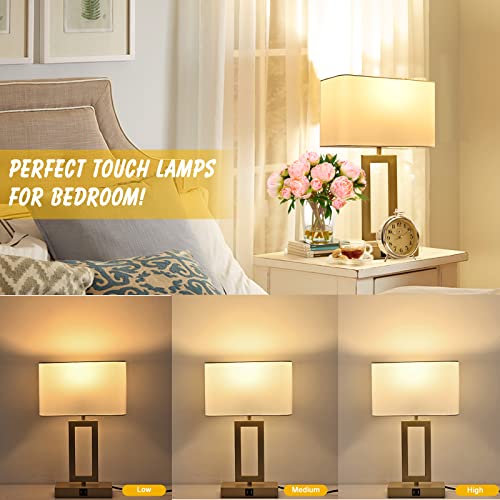Set of 2 Table Lamps with Dual USB Ports,Touch Control Bedside Lamps Nightstand Lamps for Bedroom, 3-Way Dimmable Modern Desk Lamps Living Room Office, LED Bulbs Included, Gold&White