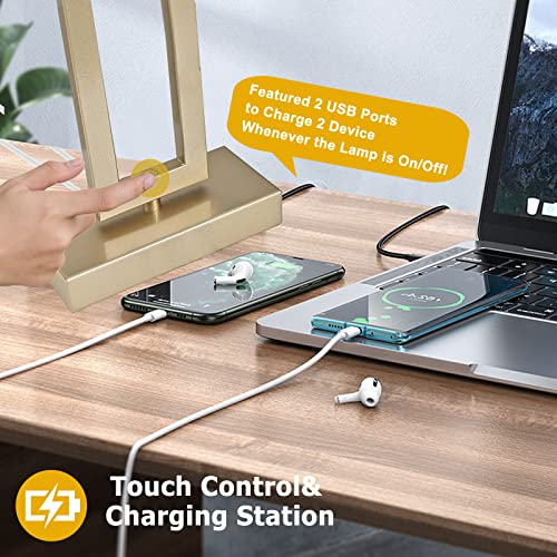 Set of 2 Table Lamps with Dual USB Ports,Touch Control Bedside Lamps Nightstand Lamps for Bedroom, 3-Way Dimmable Modern Desk Lamps Living Room Office, LED Bulbs Included, Gold&White