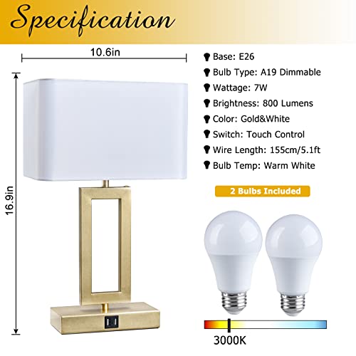 Set of 2 Table Lamps with Dual USB Ports,Touch Control Bedside Lamps Nightstand Lamps for Bedroom, 3-Way Dimmable Modern Desk Lamps Living Room Office, LED Bulbs Included, Gold&White