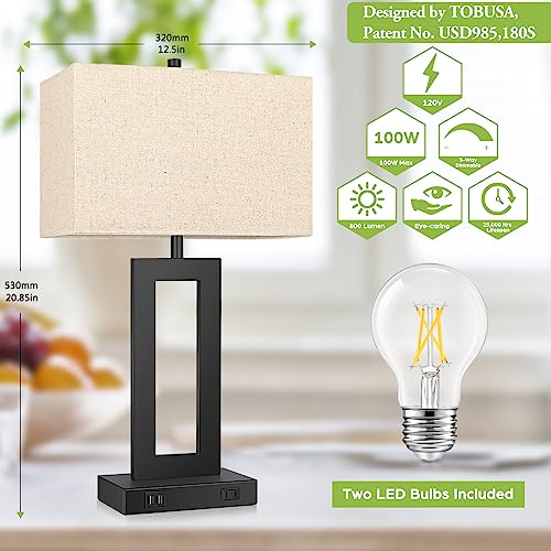 Set of 2 Touch Control Table Lamp with 2 USB Ports, 3-Way Dimmable Modern Nightstand Lamp Sets Bedside Touch Desk Lamp with Fabric Cream Shade For Bedroom Table Living Room Reading, LED Bulbs Included