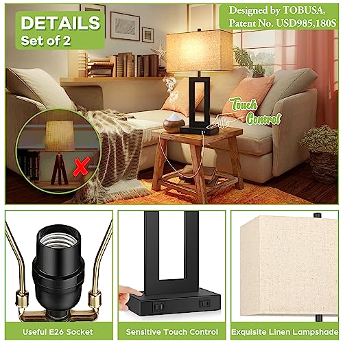 Set of 2 Touch Control Table Lamp with 2 USB Ports, 3-Way Dimmable Modern Nightstand Lamp Sets Bedside Touch Desk Lamp with Fabric Cream Shade For Bedroom Table Living Room Reading, LED Bulbs Included