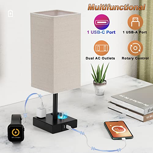 Fully Dimmable Nightstand Lamps Set of 2 - Table Bedside Lamp with USB C+A Charging Ports & 2 AC Outlets, Square Lamp Sets Linen Fabric Shade for Bedroom Living Room(Bulb Included)