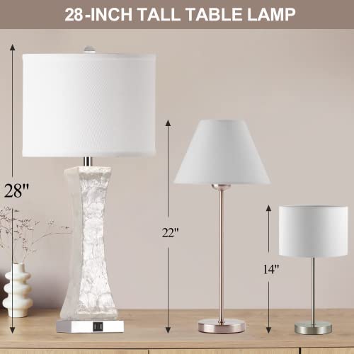 Set of 2 Touch Control Table Lamps, 28-inch Tall Coastal White Bedside Lamp with 2 USB Ports, 3-Way Dimmable Capiz Shell Nightstand Lamp with Drum Shade for Living Room, Bedroom (LED Bulbs Included)