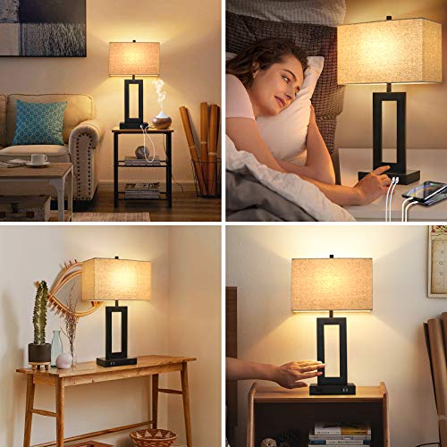 Set of 2 Touch Control Table Lamp with 2 USB Ports, 3-Way Dimmable Modern Nightstand Lamp Sets Bedside Touch Desk Lamp with Fabric Cream Shade For Bedroom Table Living Room Reading, LED Bulbs Included