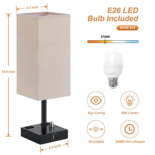 Fully Dimmable Nightstand Lamps Set of 2 - Table Bedside Lamp with USB C+A Charging Ports & 2 AC Outlets, Square Lamp Sets Linen Fabric Shade for Bedroom Living Room(Bulb Included)