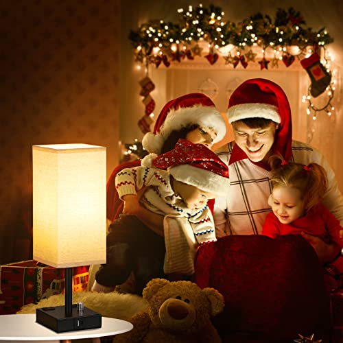 Fully Dimmable Nightstand Lamps Set of 2 - Table Bedside Lamp with USB C+A Charging Ports & 2 AC Outlets, Square Lamp Sets Linen Fabric Shade for Bedroom Living Room(Bulb Included)