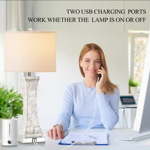 Set of 2 Touch Control Table Lamps, 28-inch Tall Coastal White Bedside Lamp with 2 USB Ports, 3-Way Dimmable Capiz Shell Nightstand Lamp with Drum Shade for Living Room, Bedroom (LED Bulbs Included)