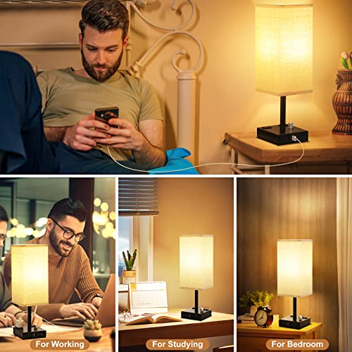 Fully Dimmable Nightstand Lamps Set of 2 - Table Bedside Lamp with USB C+A Charging Ports & 2 AC Outlets, Square Lamp Sets Linen Fabric Shade for Bedroom Living Room(Bulb Included)