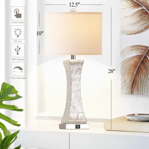 Set of 2 Touch Control Table Lamps, 28-inch Tall Coastal White Bedside Lamp with 2 USB Ports, 3-Way Dimmable Capiz Shell Nightstand Lamp with Drum Shade for Living Room, Bedroom (LED Bulbs Included)