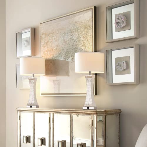 Set of 2 Touch Control Table Lamps, 28-inch Tall Coastal White Bedside Lamp with 2 USB Ports, 3-Way Dimmable Capiz Shell Nightstand Lamp with Drum Shade for Living Room, Bedroom (LED Bulbs Included)