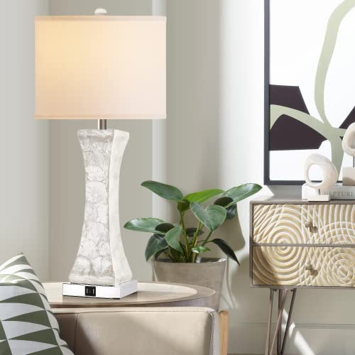 Set of 2 Touch Control Table Lamps, 28-inch Tall Coastal White Bedside Lamp with 2 USB Ports, 3-Way Dimmable Capiz Shell Nightstand Lamp with Drum Shade for Living Room, Bedroom (LED Bulbs Included)